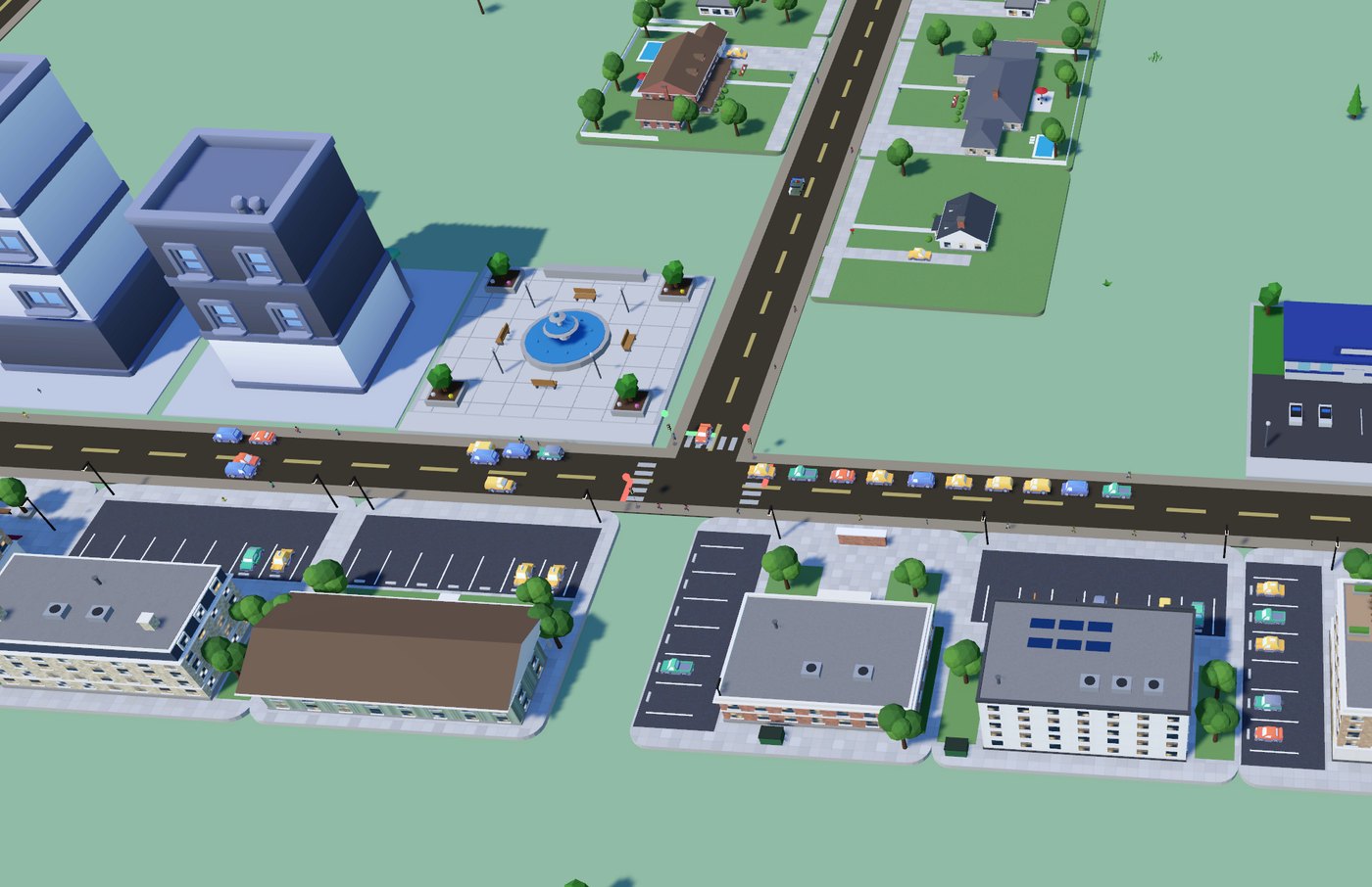 Downtown blocks with shops, offices and a fountain plaza