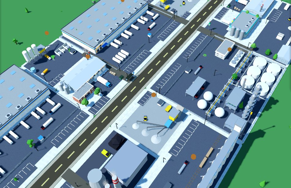 An industrial district with factories, tanks and loading yards