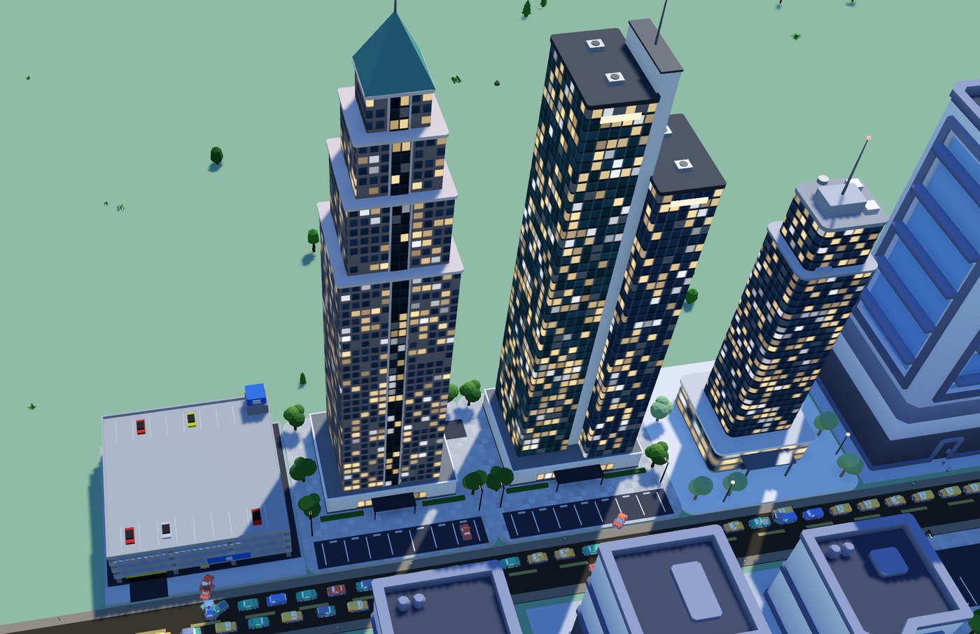 Apartment towers and an office block rising over a busy avenue in The City
