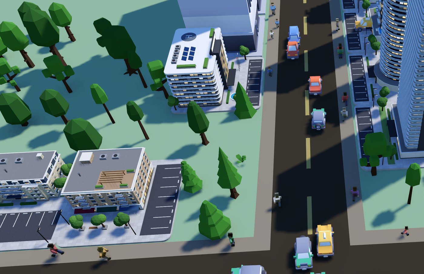 A tree-lined street with cars, pedestrians and apartment buildings