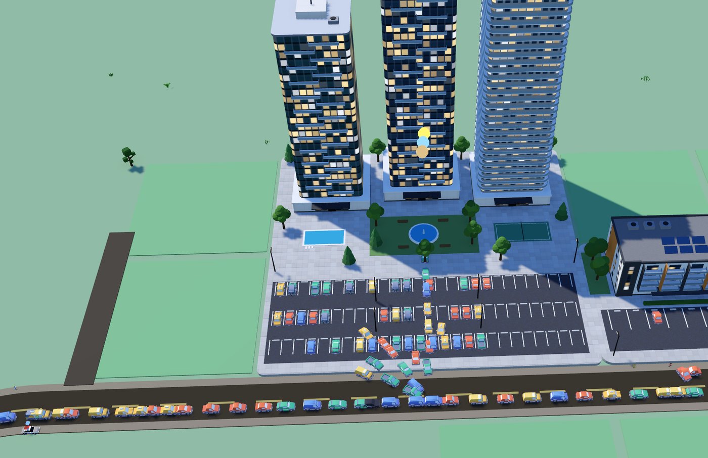 Three residential towers with a pool, a park and a full car park